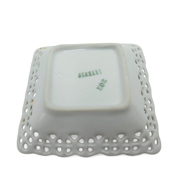 SQUARE Floral RETICULATED Small Bowl Dish Gold Accents Germany Vintage - Picture 6 of 8